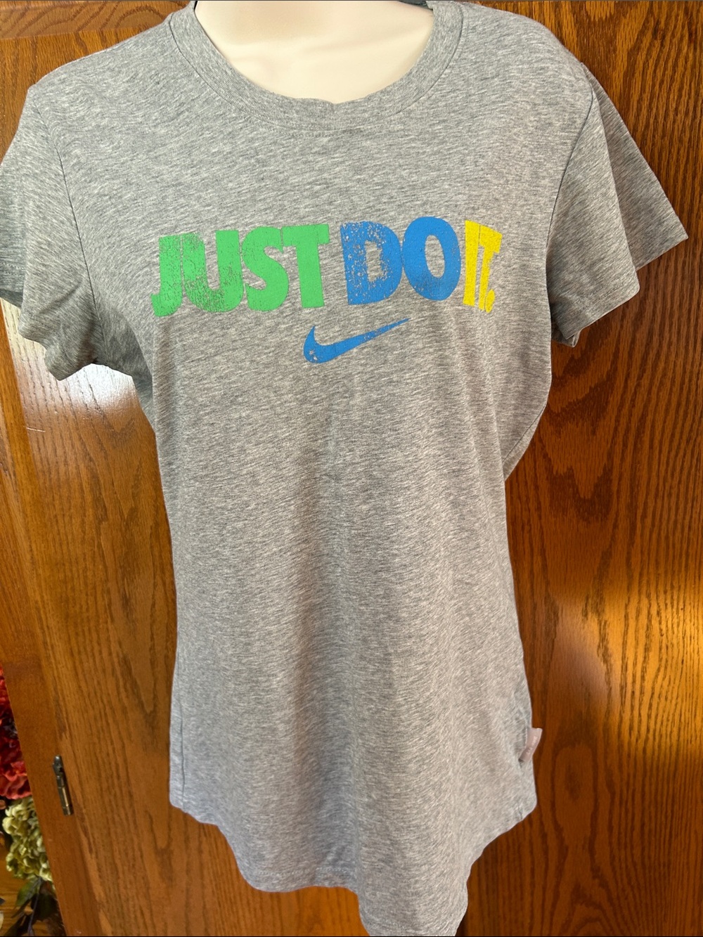 Nike Gray Tee with Colorful 'JUST DO IT' Graphic